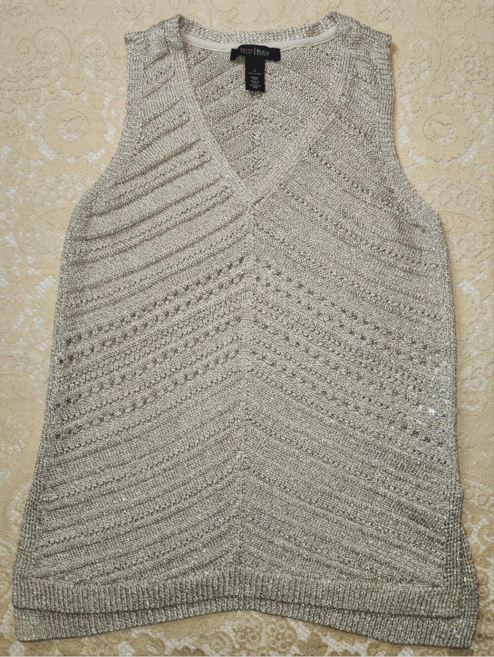 White House Black Market Sleeveless Gold Metallic Chevron Sweater Top Size S